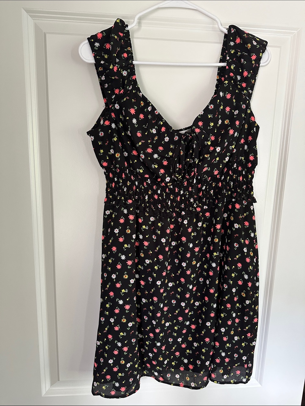 Black Floral Mini Dress with Pink and Yellow Daisies